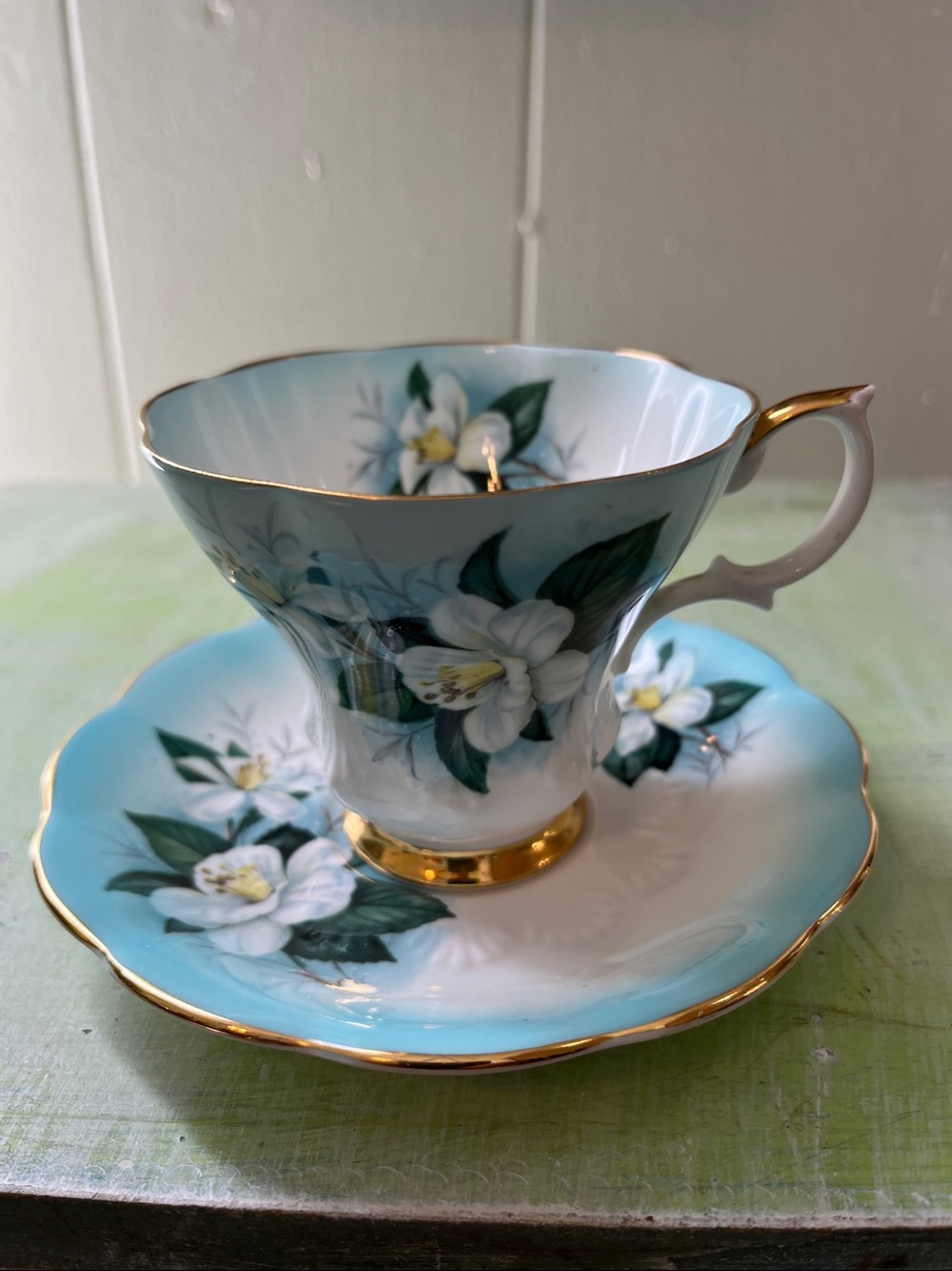 Royal Albert "Trillium" bone china teacup and saucer set, produced in England